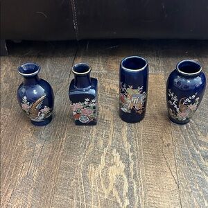 Mini Ceramic Bud Vases Vintage Japanese Kutani Style Cobalt Blue Lot of 4pcs